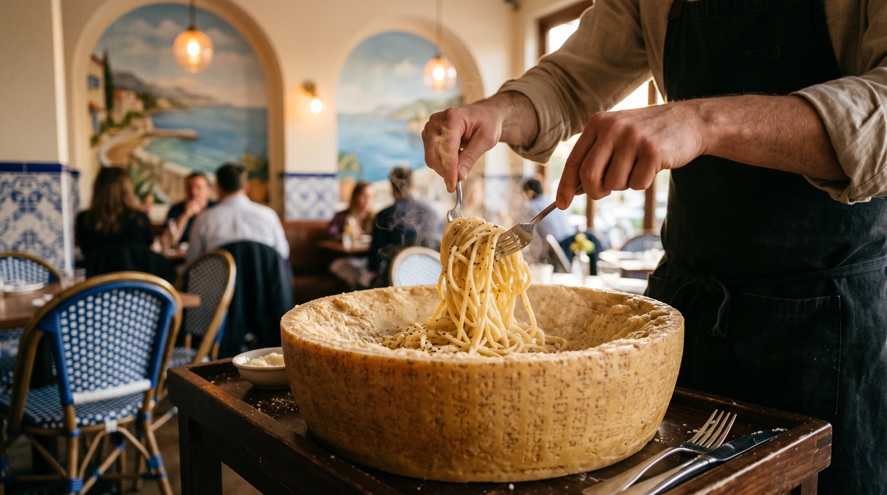 Cheese wheel pasta in San Diego tossed tableside in an aged Italian cheese wheel